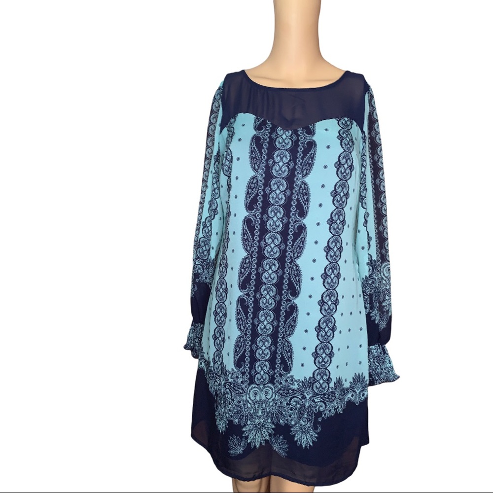 Xhilaration Blue Navy Long Sleeve Boho Shift Dress Women’s Size M Medium